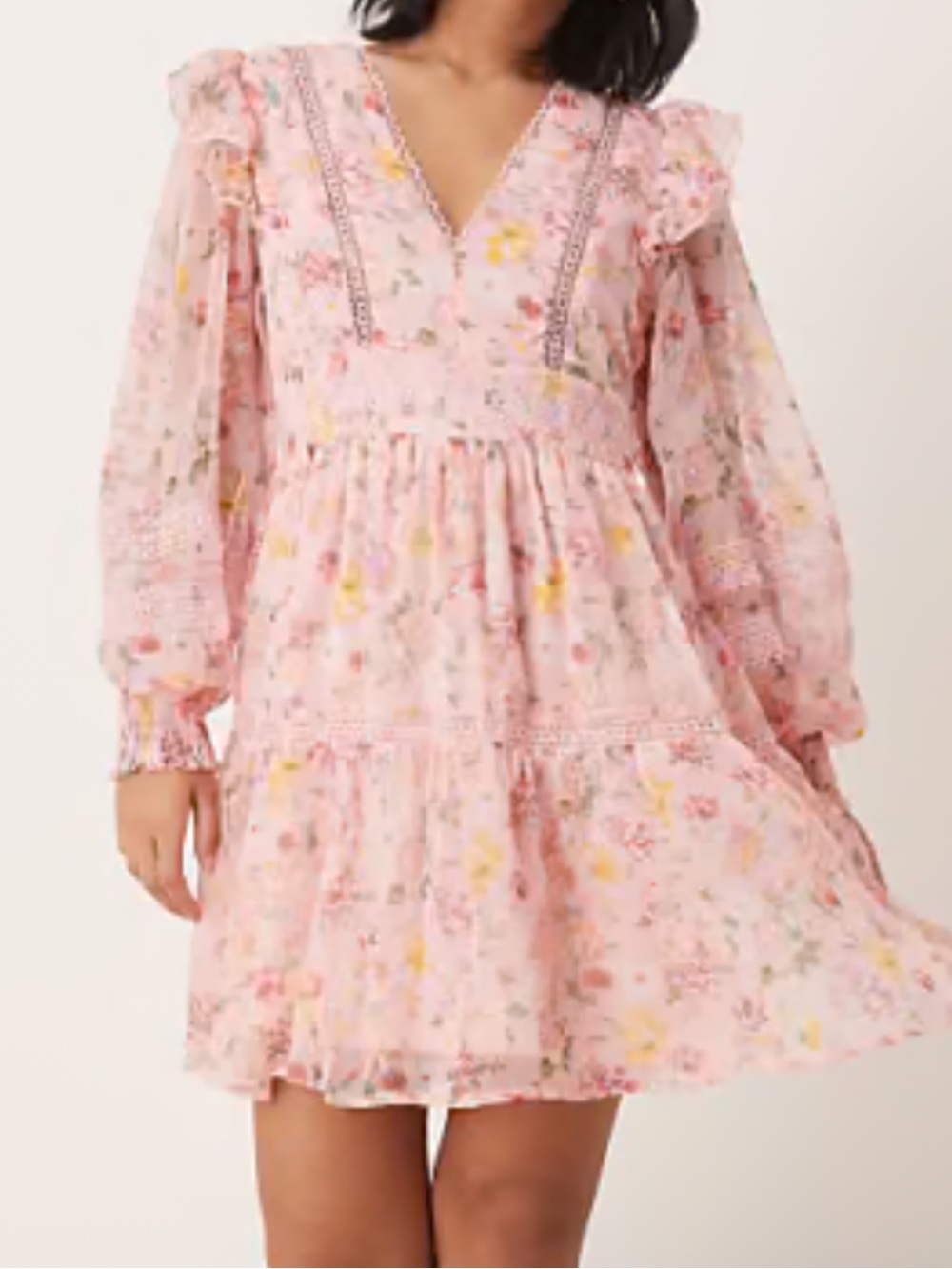 VILA Pink Floral V-Neck Ruffle Tiered Dress